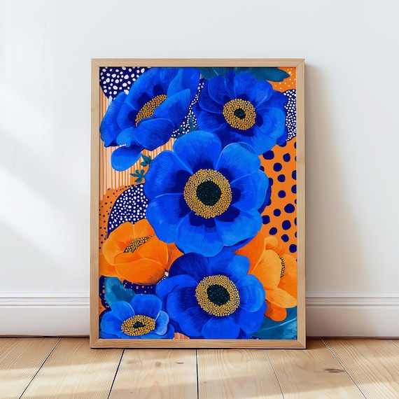 Blue And Orange Floral Wall Art Bold Flower Print Modern Botanical Poster Instant