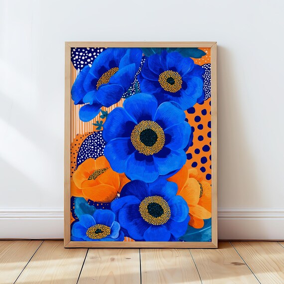 Blue Orange Bold Pop Art Flowers Botanical Color Block Art Poster