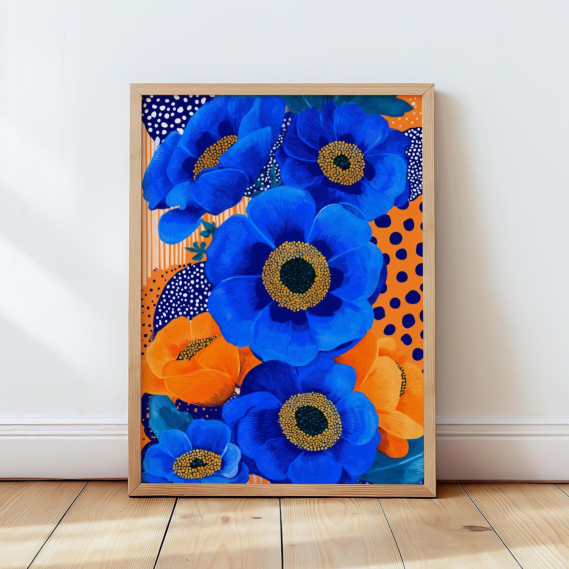 Blue And Orange Floral Wall Art Bold Flower Print Modern Botanical Poster Instant
