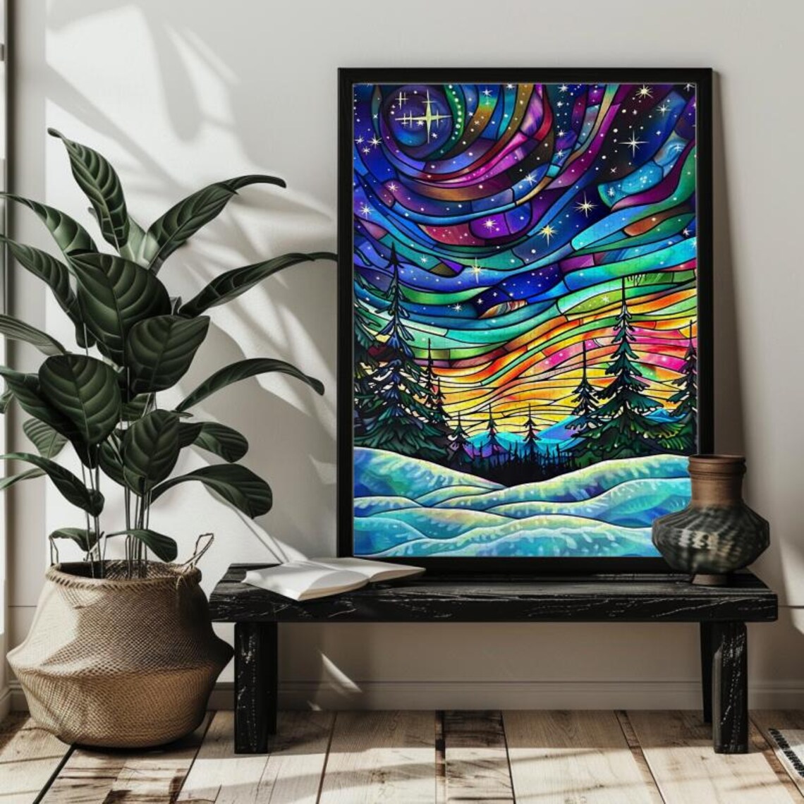 Northern Lights Stained Glass Art Print, Forest Aurora - Image 3
