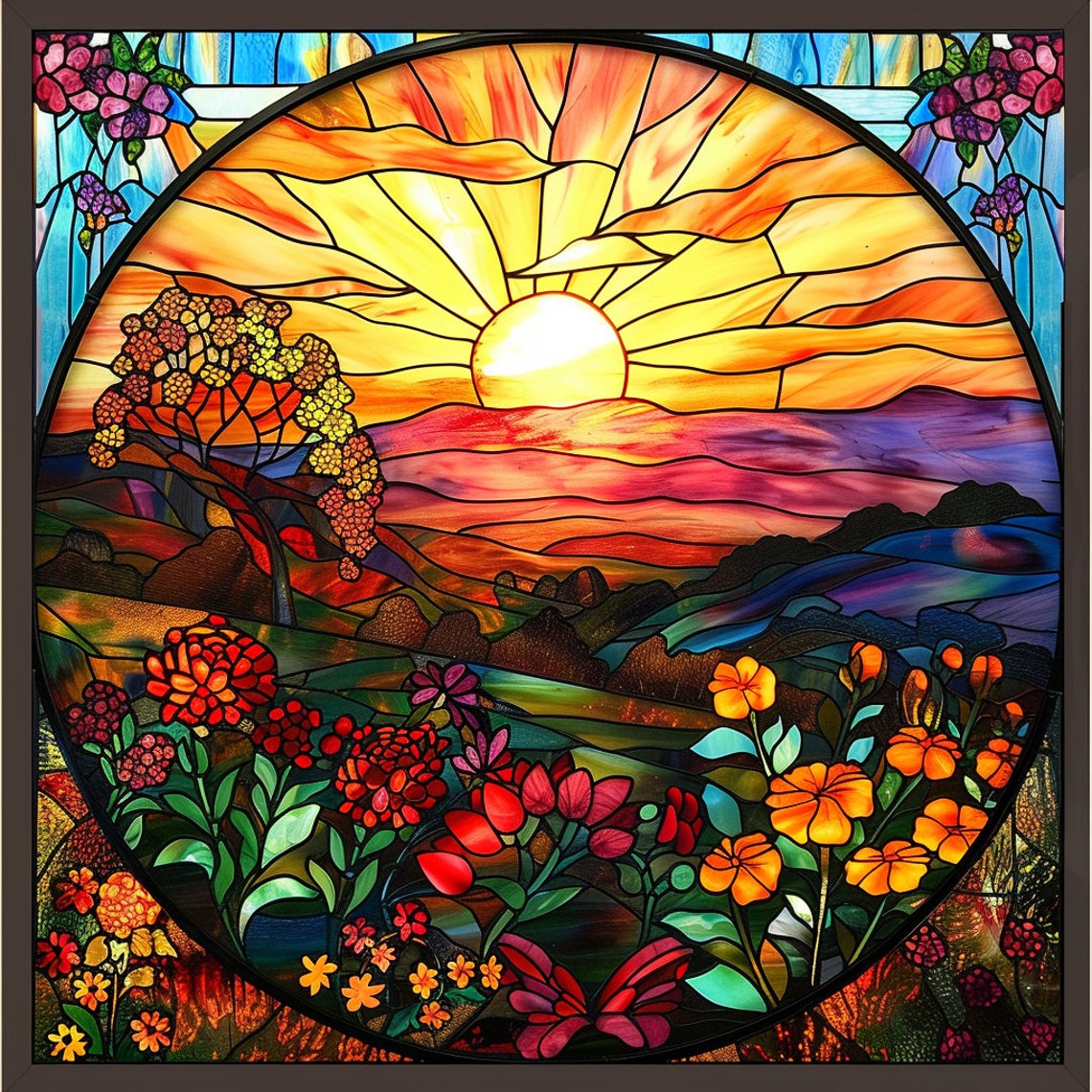 Stained Glass Sunset Over Rolling Hills Floral Window Art Poster - Image 3