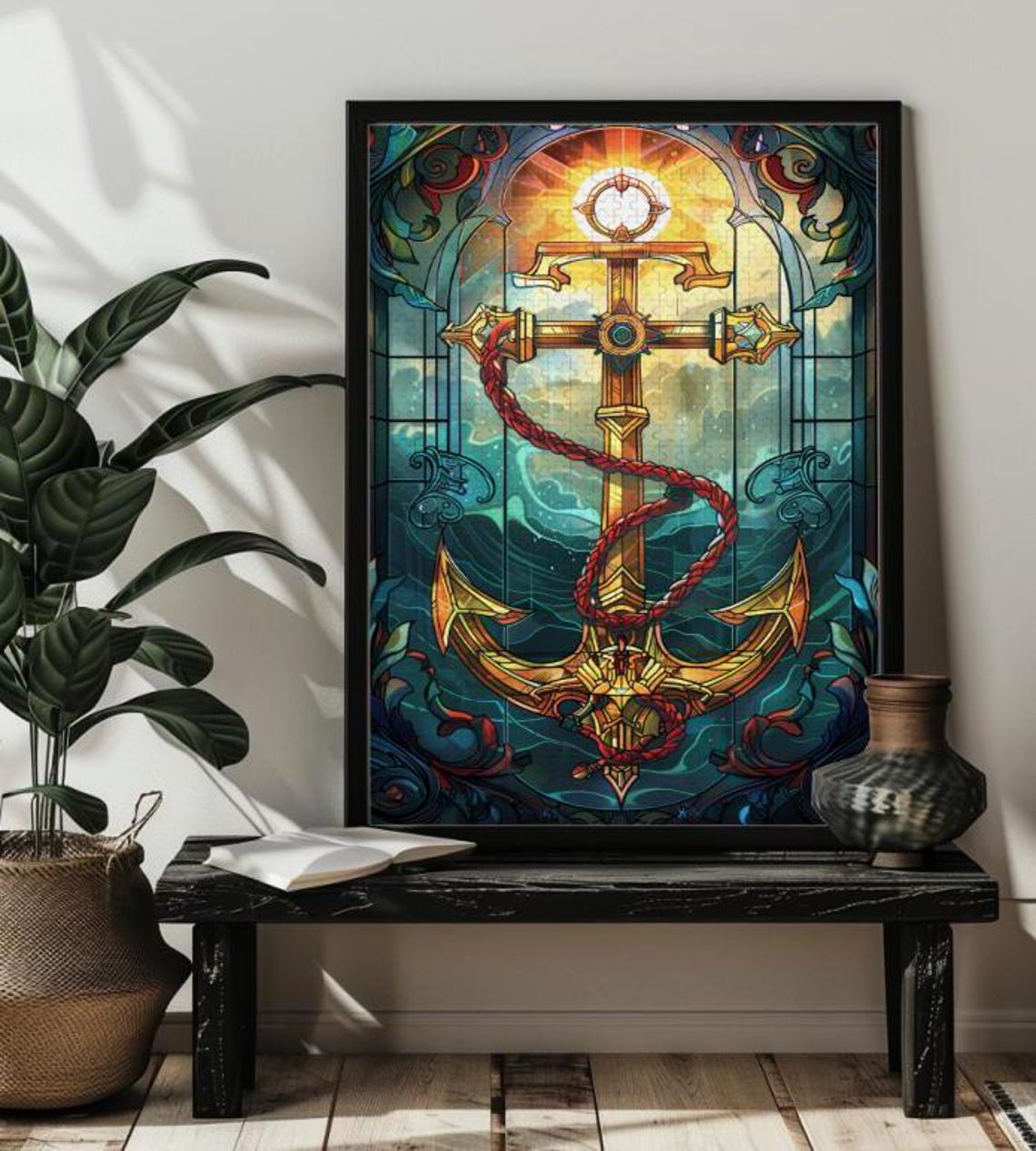 Golden Anchor Stained Glass Nautical Ocean Window Art Poster