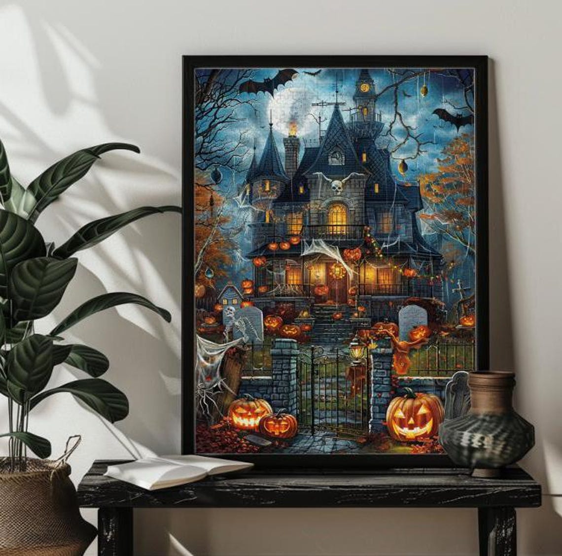 Spooky Victorian House With Pumpkin Path Autumn Night Art Poster - Image 2