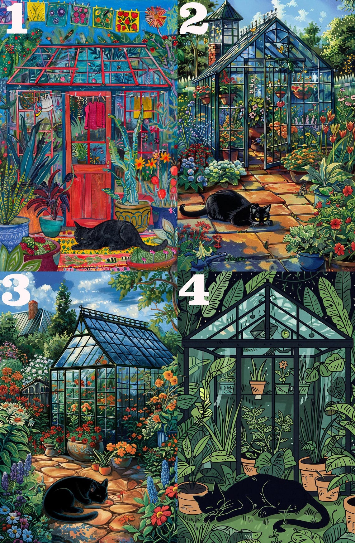 Black Cat Resting among Flowers in a Sunlit Glass Greenhouse Poster - Image 4