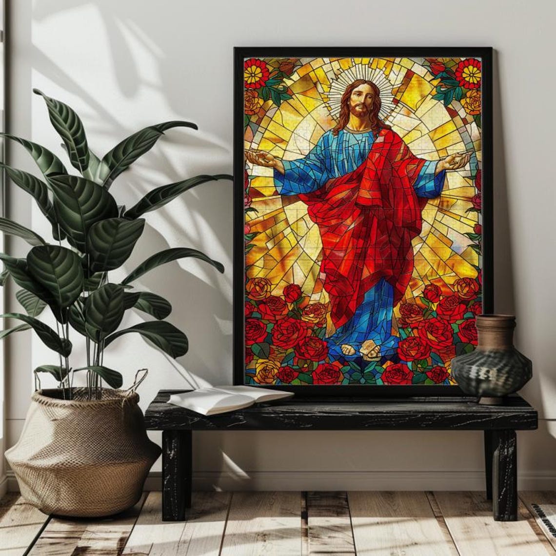 Jesus with Open Arms Stained Glass Golden Light Roses Poster - Image 3