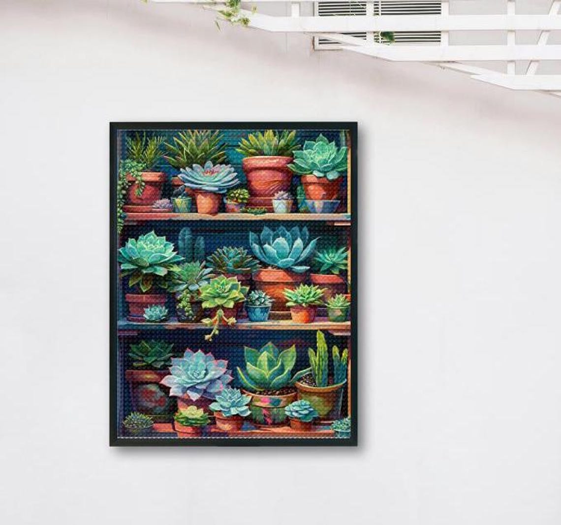 Potted Succulent Collection on Wooden Shelves Green Art Poster