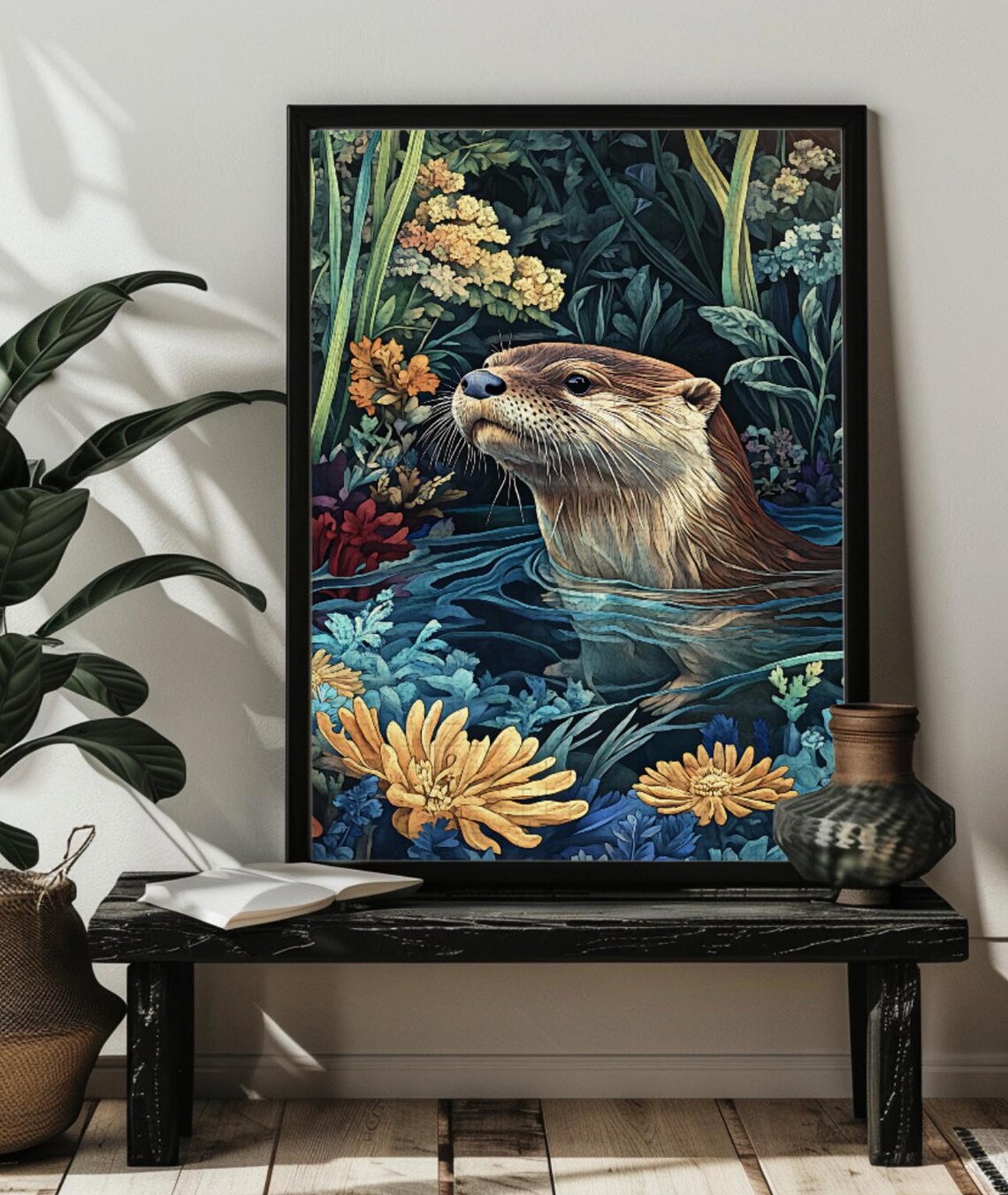 Stained Glass Otter, William Morris Style Art Print