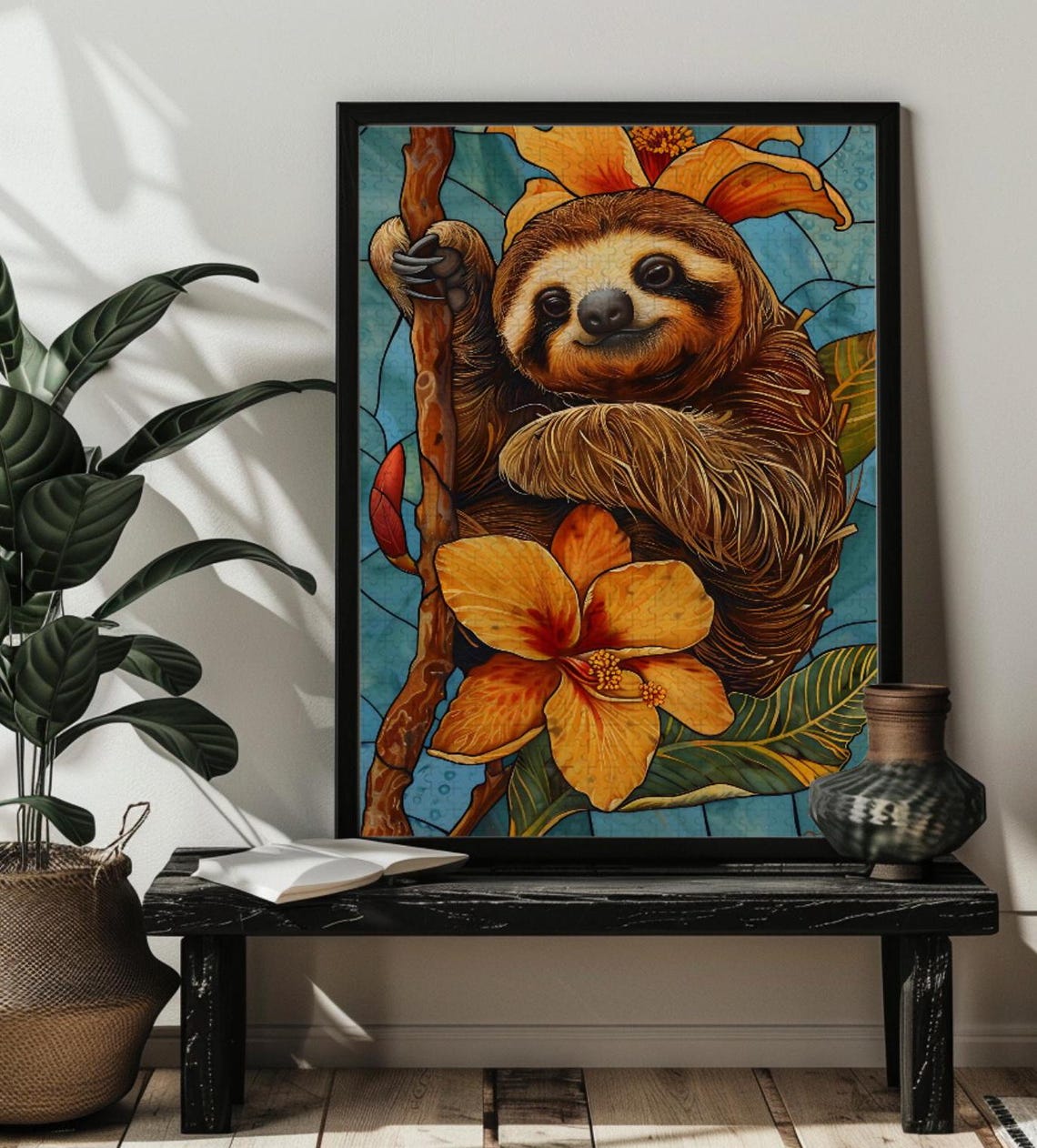 Smiling Sloth Hanging on a Branch Tropical Floral Art Poster - Image 3