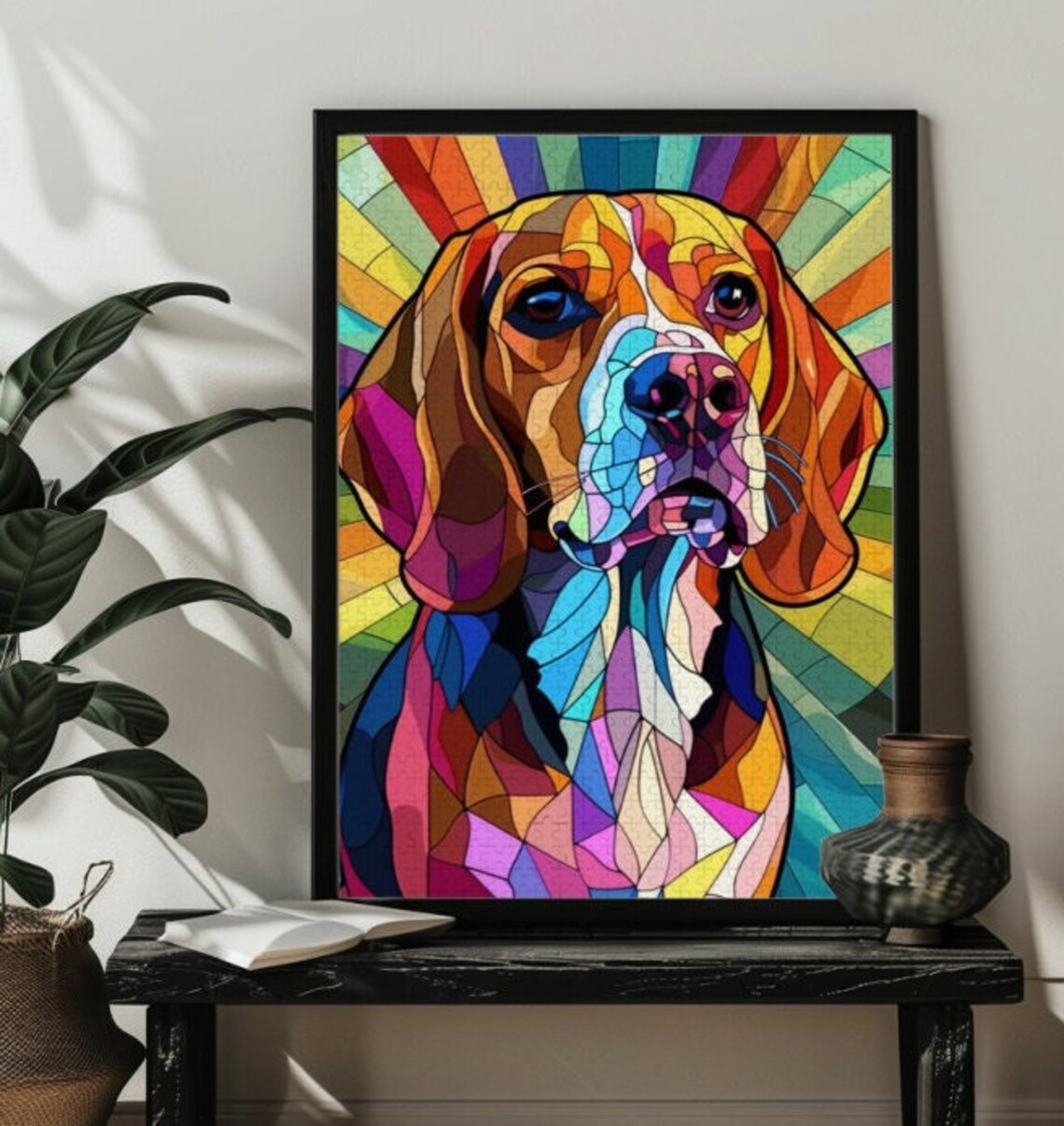 Beagle Dog Stained Glass Art Print, Colorful Puzzle