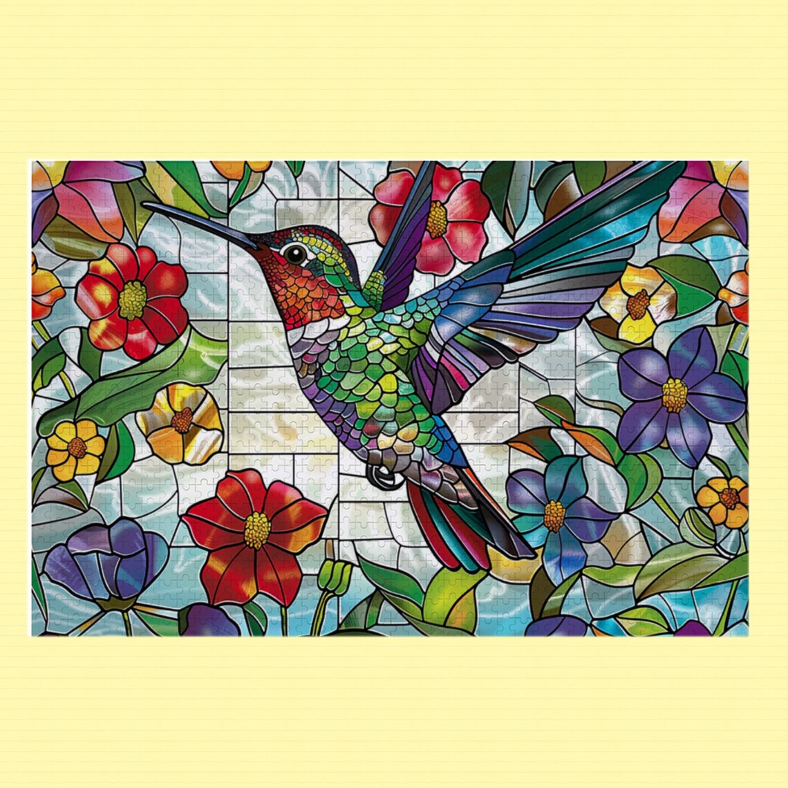 Stained Glass Hummingbird in Flowers Art Print - Image 4