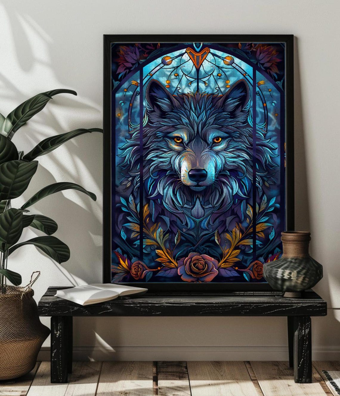 Majestic Stained Glass Wolf Portrait with Roses and Arch Poster