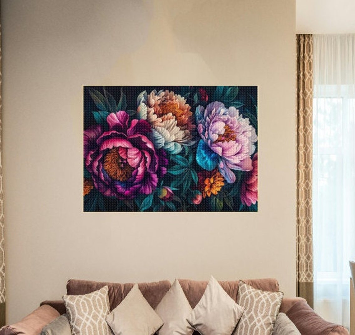 Lush Peony Bouquet On Dark Background Elegant Botanical Art Poster - Image 3