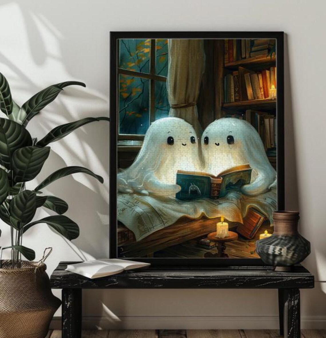 Cute Ghost Reading Halloween Jigsaw Puzzle Art