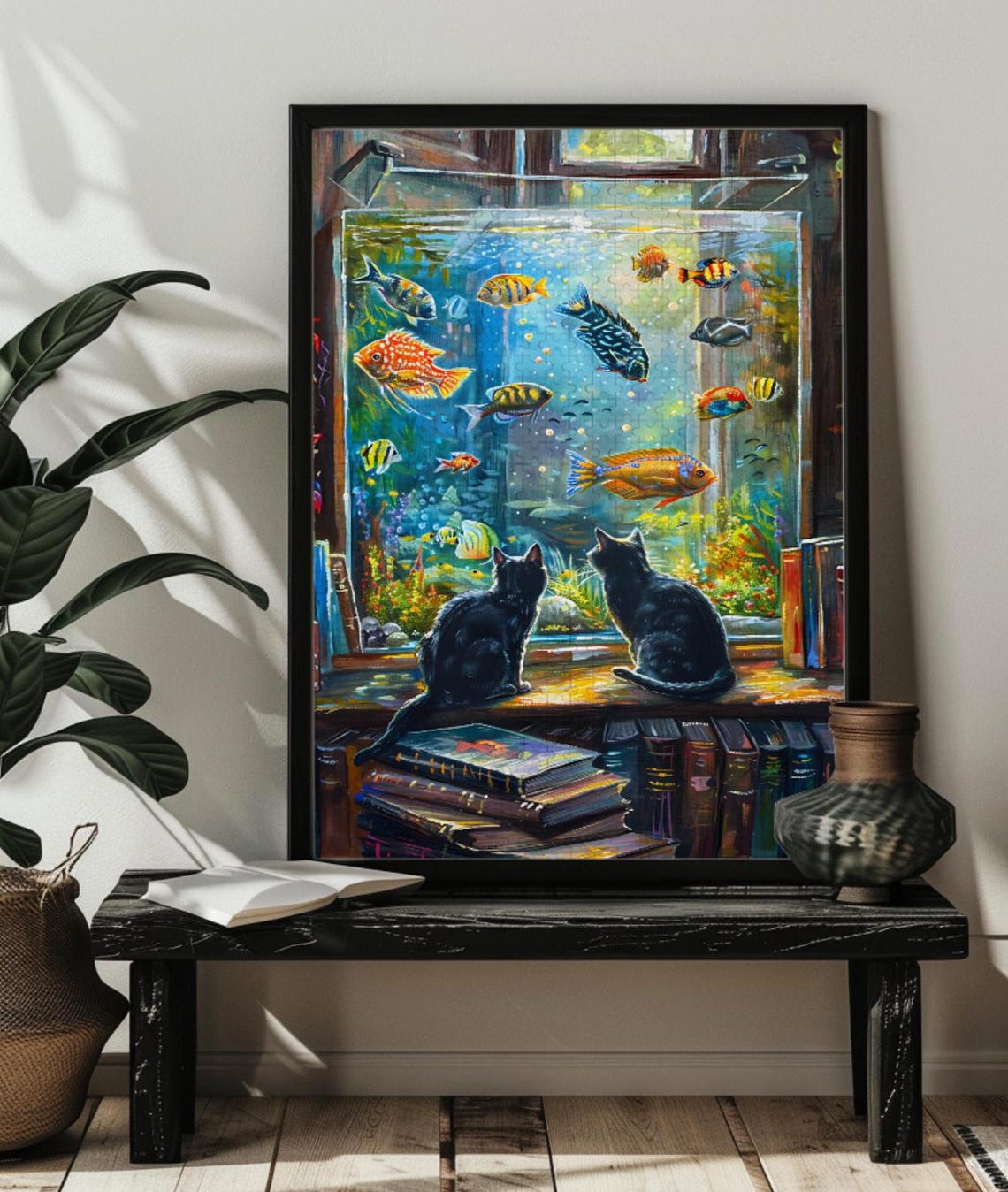 Two Cats Watching Goldfish in a Cozy Library Aquarium Poster - Image 4