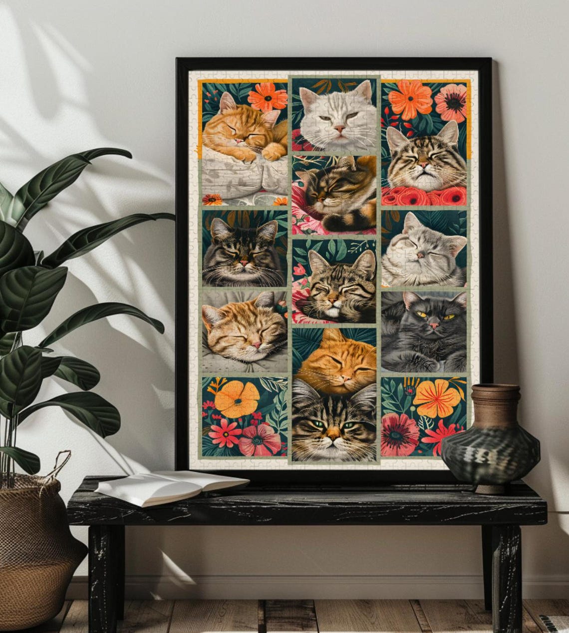 Folk Art Cat Portrait Collage Grid Fifteen Cats Faces Poster - Image 4
