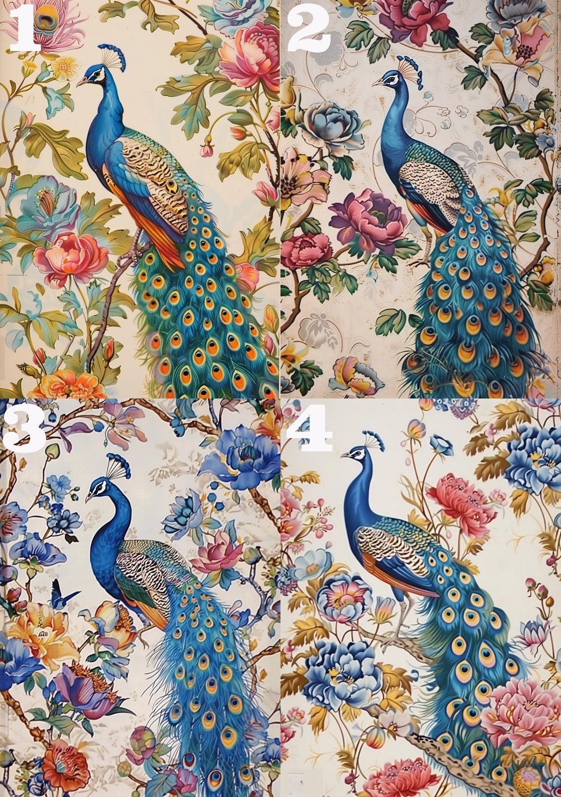 Regal Blue Peacock among Lush Colorful Botanical Flowers Poster - Image 3