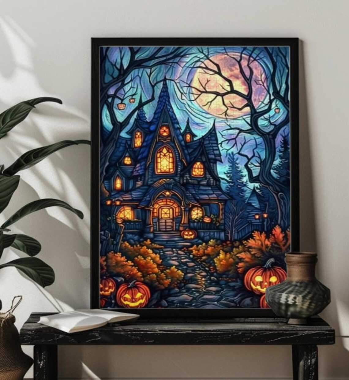 Halloween Stained Glass Gothic House Pumpkins Art Print