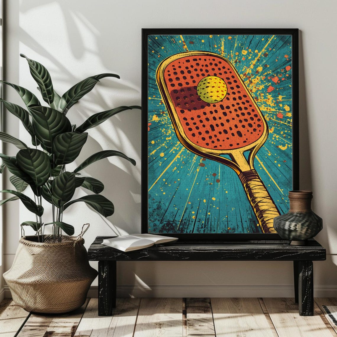 Retro Pop Art Pickleball Ball Yellow Comic Burst Sports Poster - Image 3
