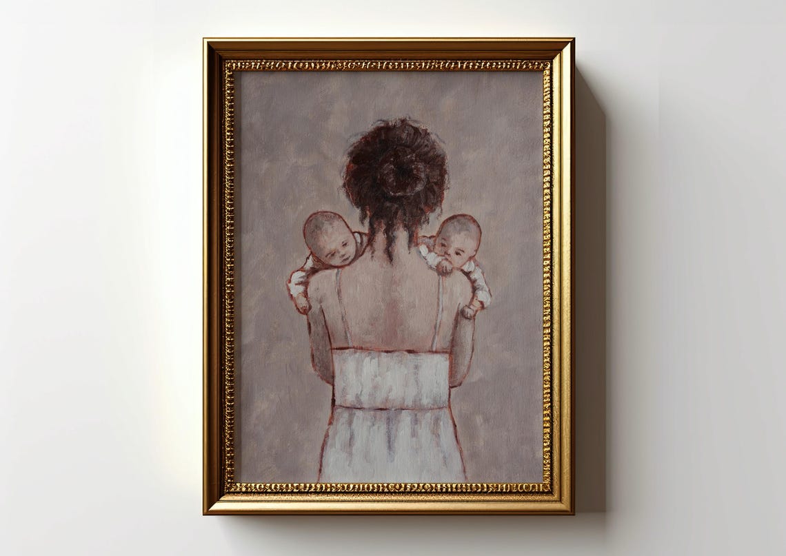 Mother Carrying Twin Babies on Shoulders Painting Nursery Poster