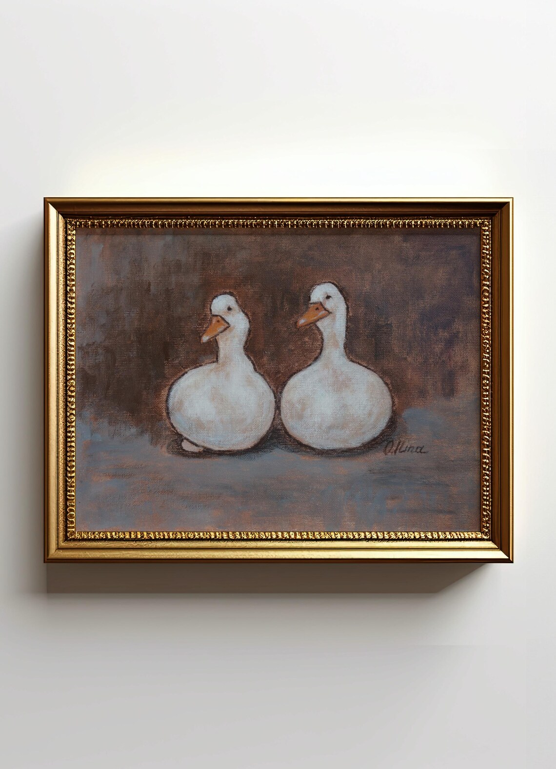 Pair of Plump White Ducks Facing Each Other Farmhouse Art Poster