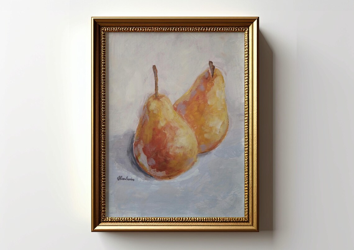 Two Golden Pears Glowing in a Warm Oil Painting Still Life Art Poster