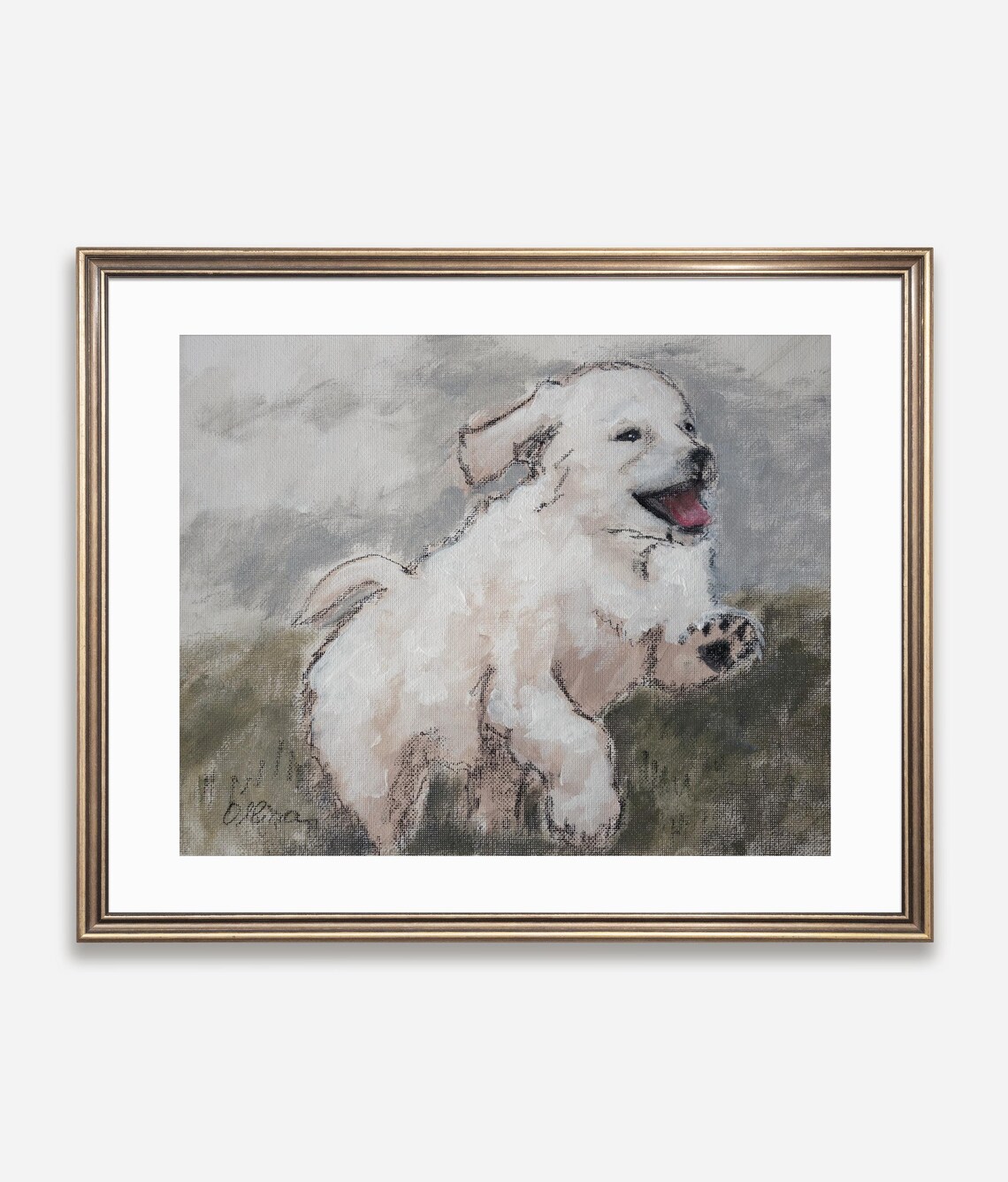 White Puppy Running Across Field Painting Poster Playful Pup Art - Image 3