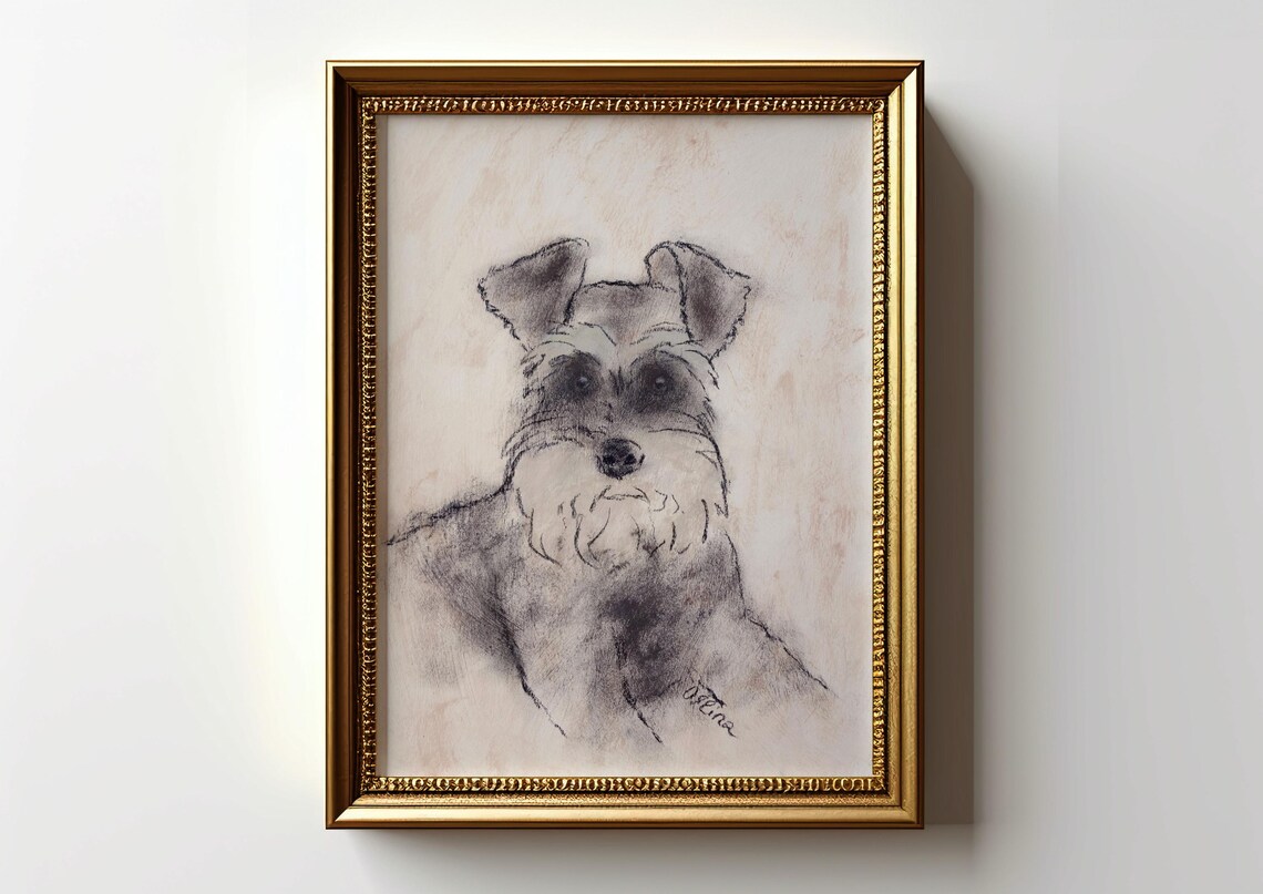 Young Schnauzer Puppy With Soulful Charcoal Portrait Art Poster