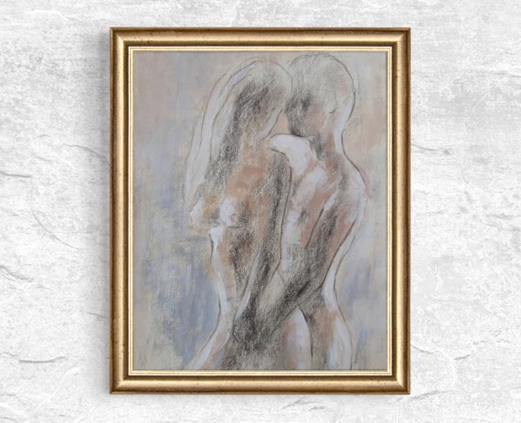 Abstract Erotic Couple Art Print Unframed Nude Figure Painting For Contemporary Home Sexy Bedroom Wall Decor In Neutral Colors