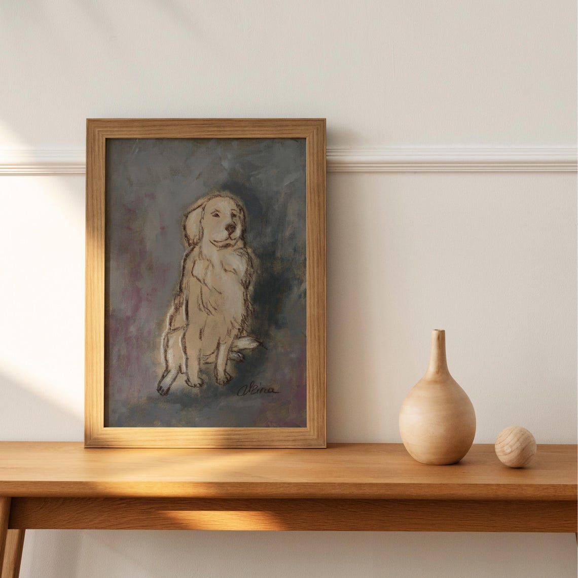 Seated Golden Retriever Puppy in Soft Oil Painting Art Poster - Image 2