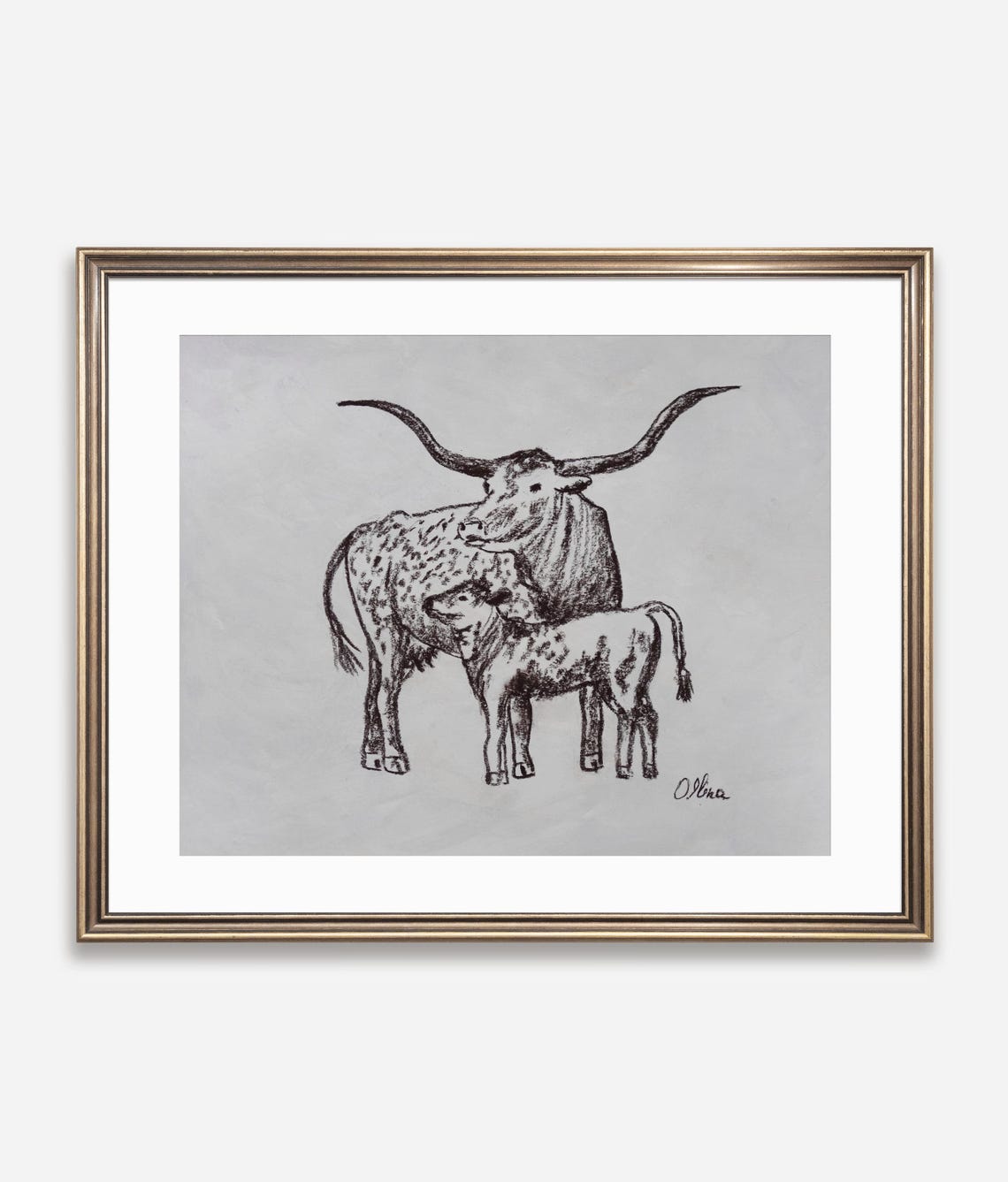 Texas Longhorn Cow Standing With Her Calf Charcoal Art Poster
