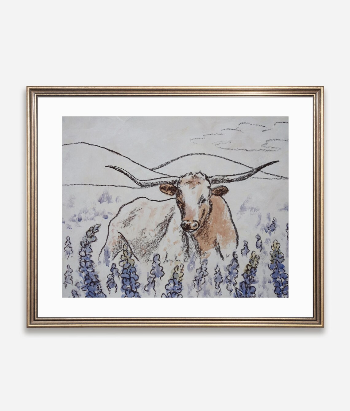 Texas Longhorn Steer Among Bluebonnets Painting Poster Western Art