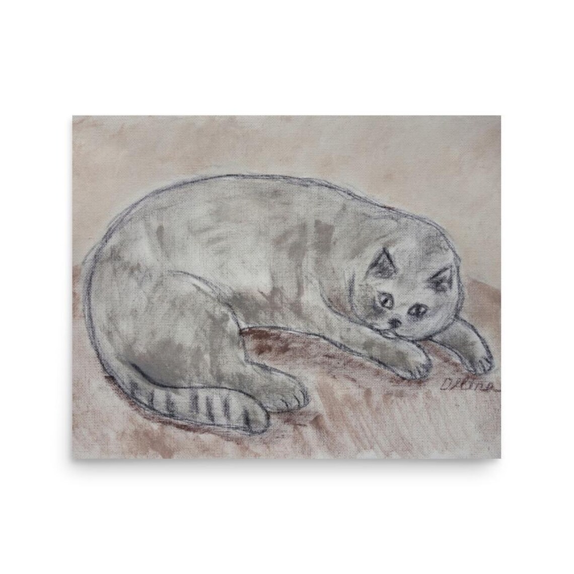 Gray Cat Resting Watercolor Sketch Minimalist Neutral Wall Poster - Image 3