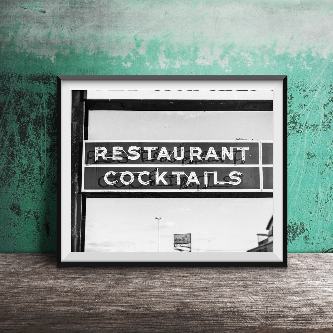Retro Teal Neon Restaurant Cocktails Roadside Sign Night Poster - Image 2
