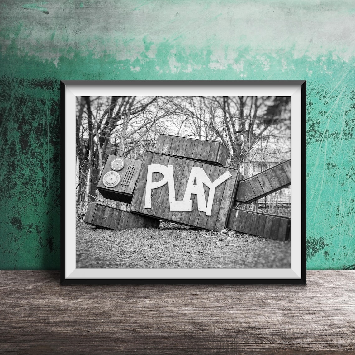 PLAY Wooden Robot Playground Sculpture in a Park Photography Poster - Image 2