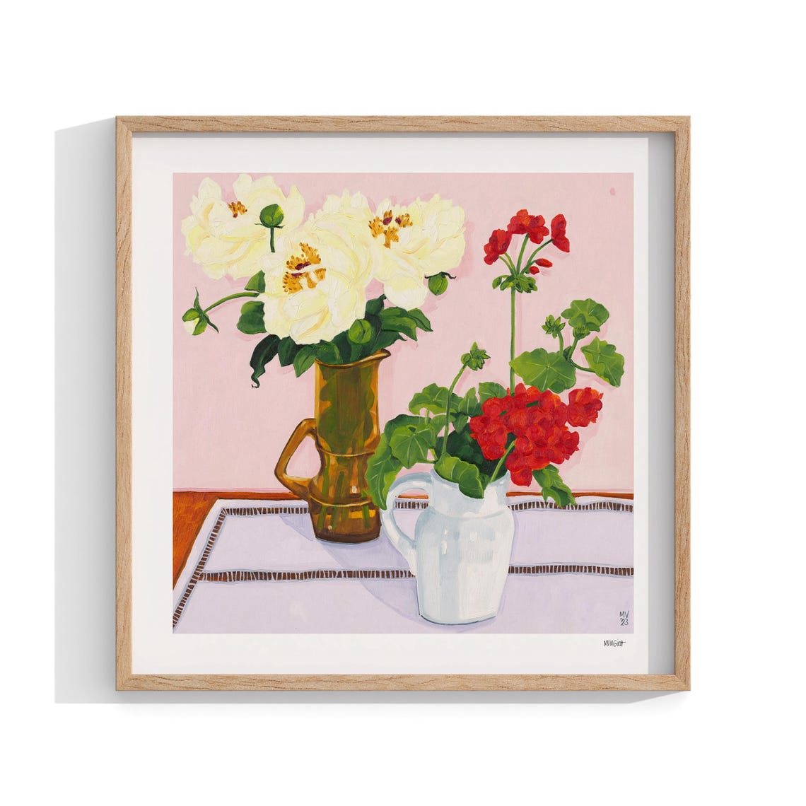 Pink Still Life Floral Art Print, Peonies & Geraniums