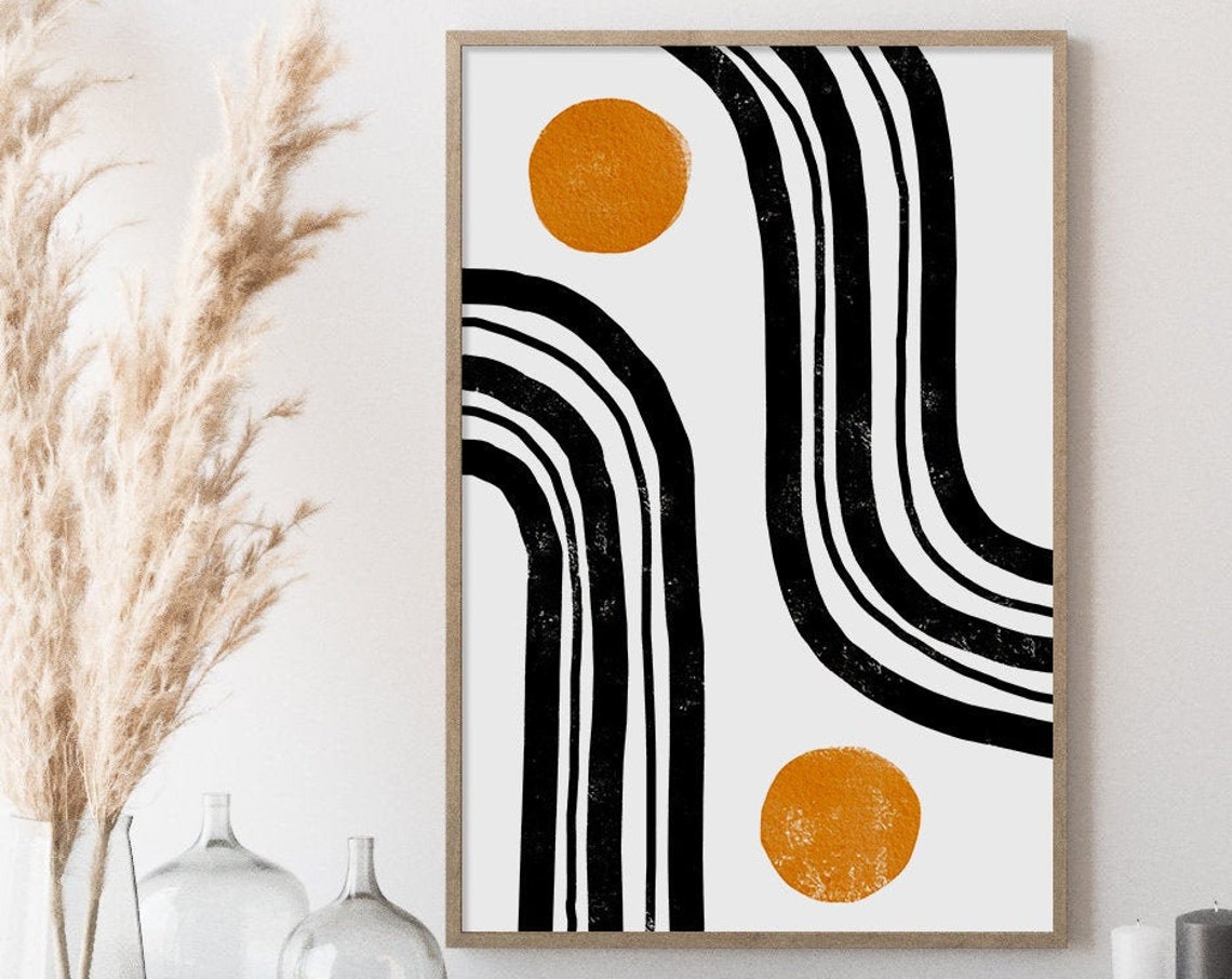 Modern Black Orange Bold Geometric Stripes Mid Century Art Poster