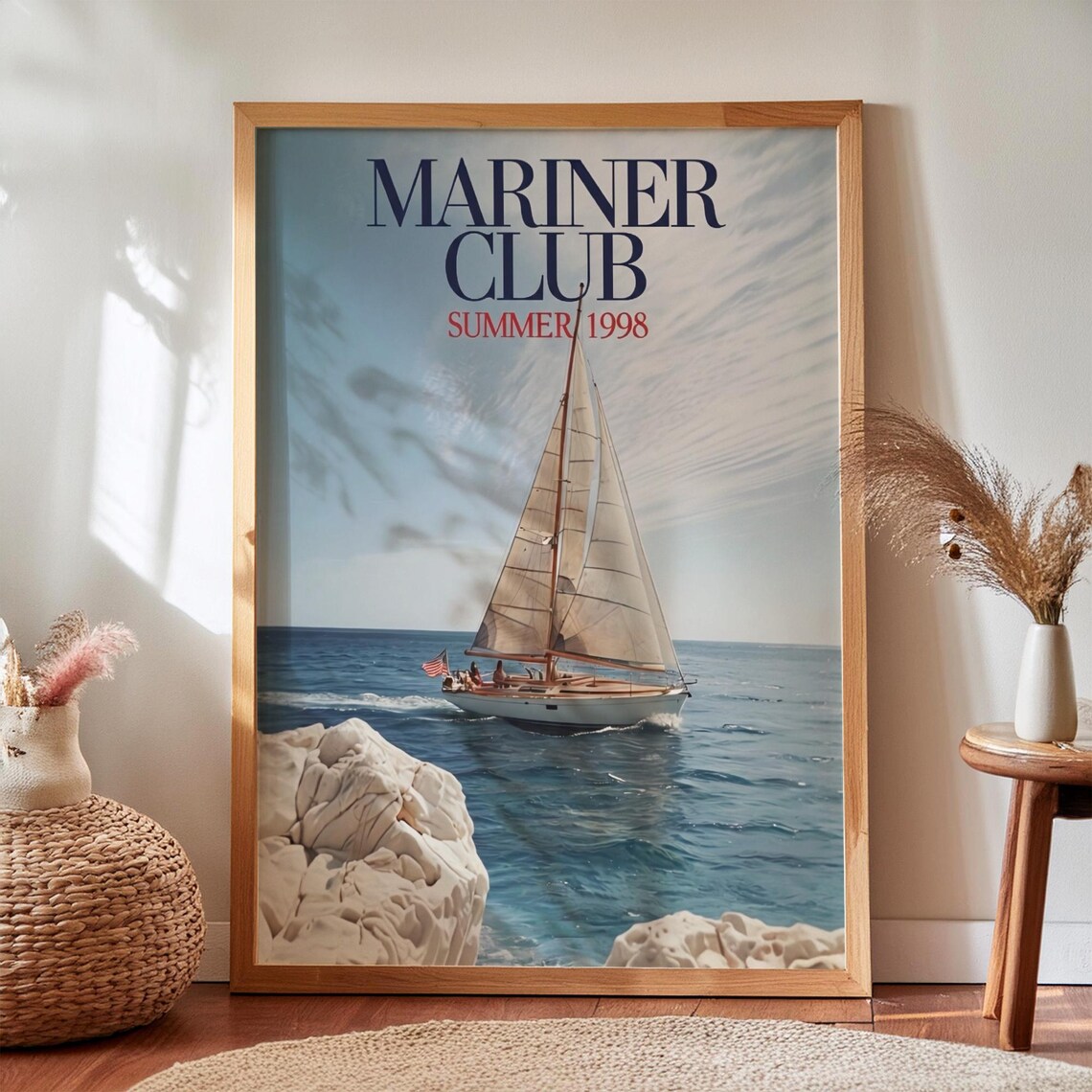 Vintage Sailboat Nautical Travel Poster, 70s Coastal