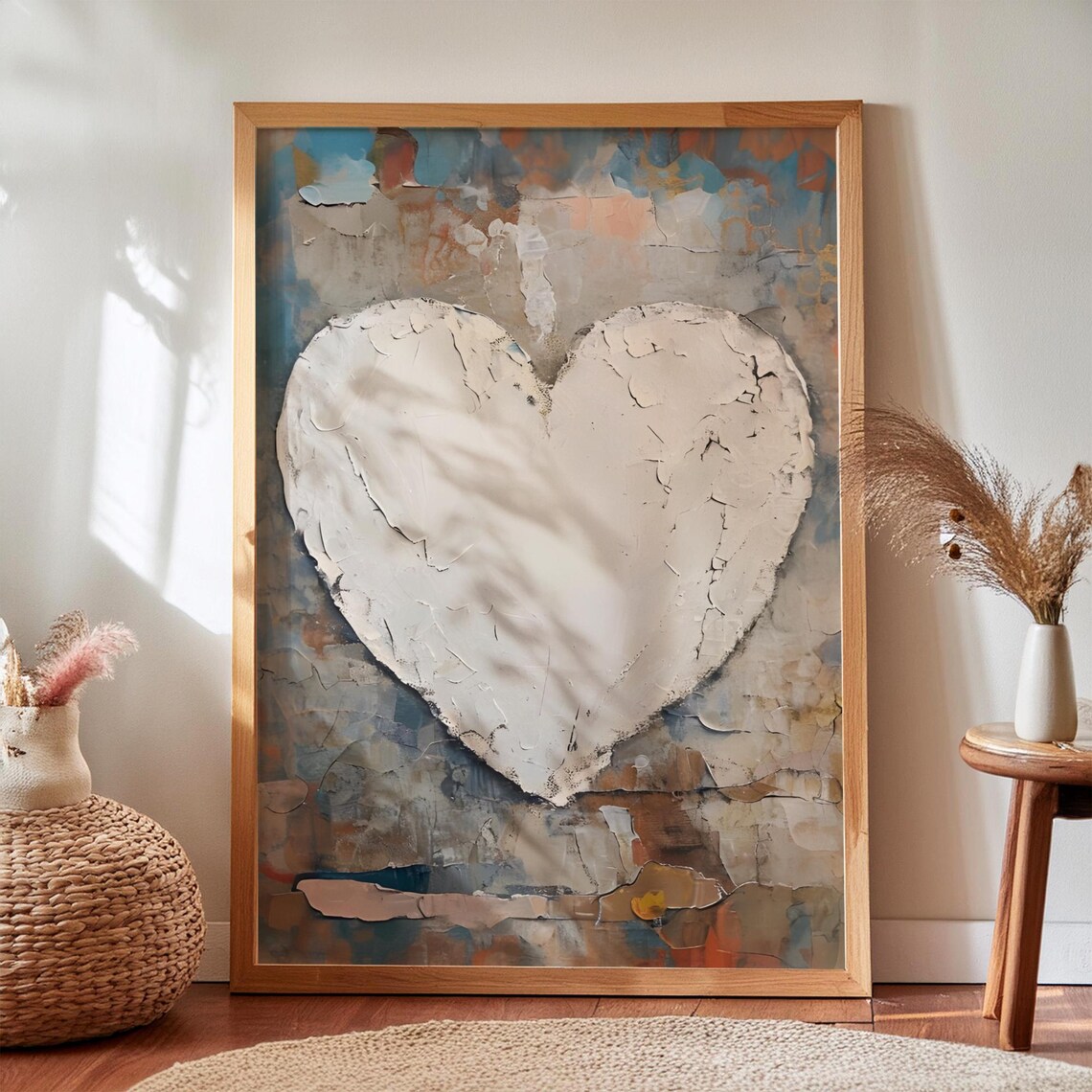 Textured Heart Artwork, Neutral Farmhouse Painting