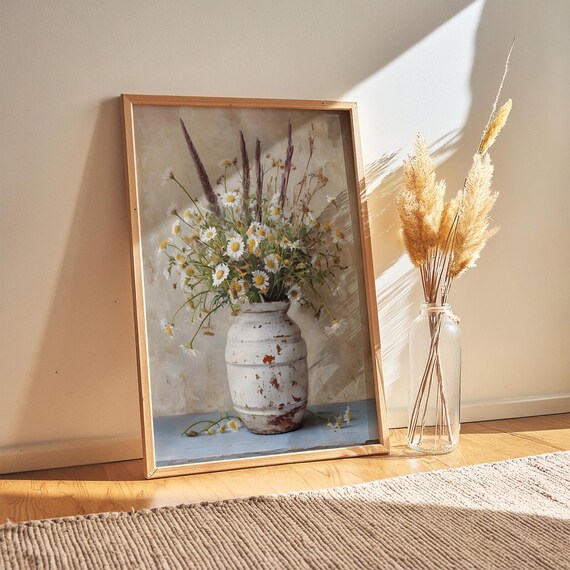 Rustic Milk Can With Daisies And Wild Grasses Farmhouse Still Life Print