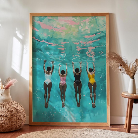 Four Swimmers Diving Underwater Turquoise Pool Sisterhood Art Poster