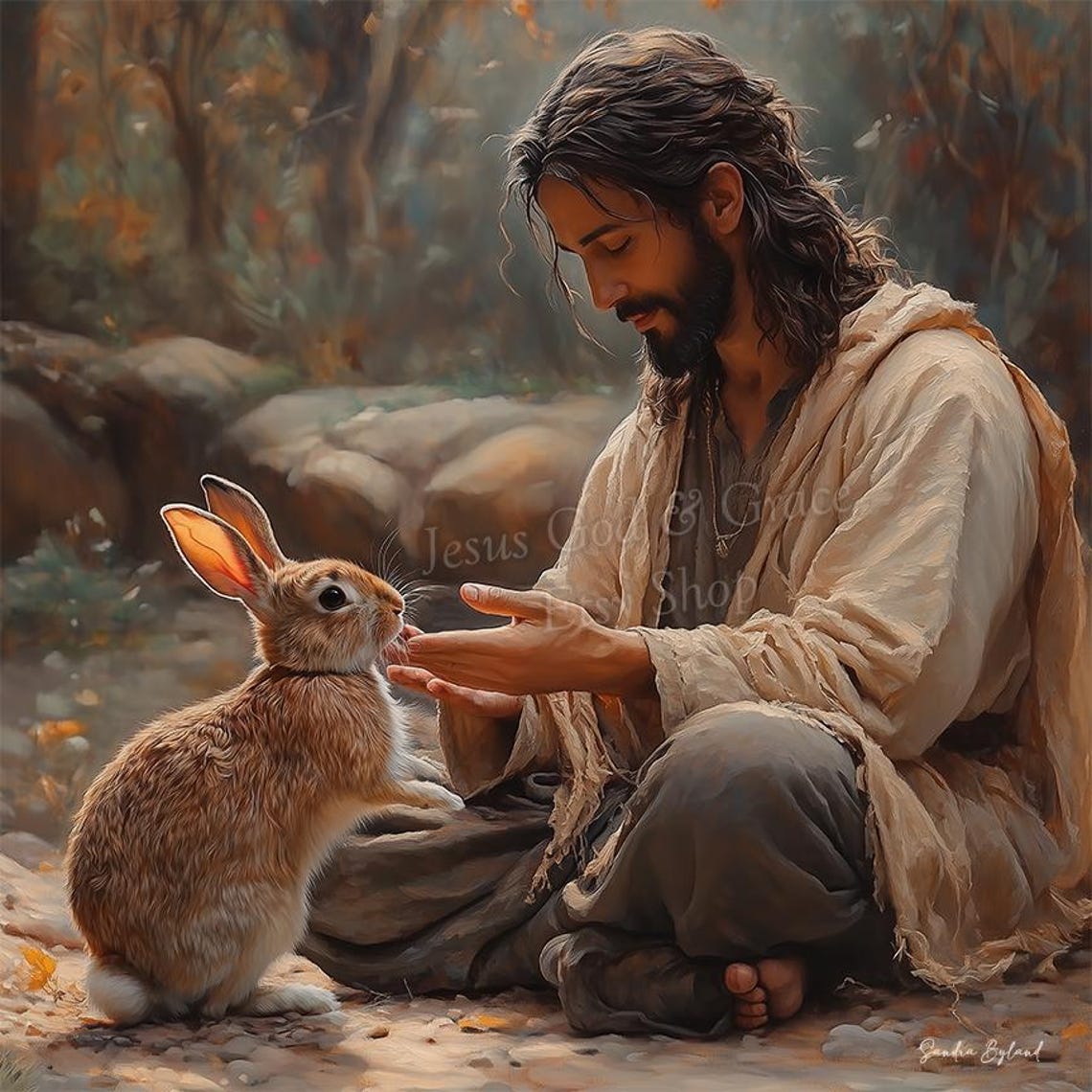 Jesus And Bunny, Christian Nursery Art Print