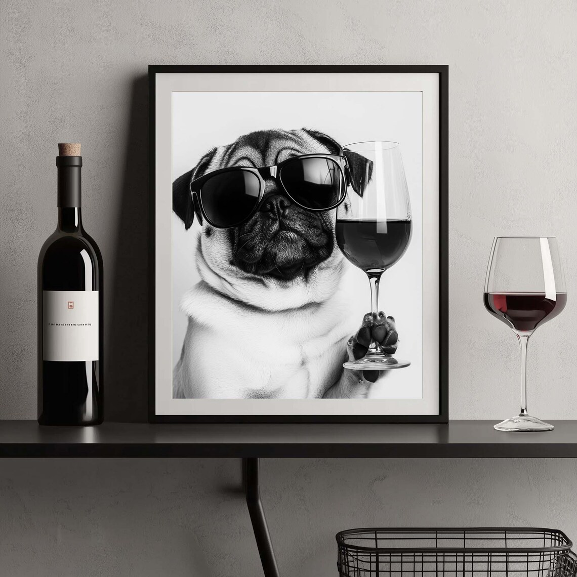 Pug in Sunglasses Holding Wine Glass Funny Black and White Poster - Image 2