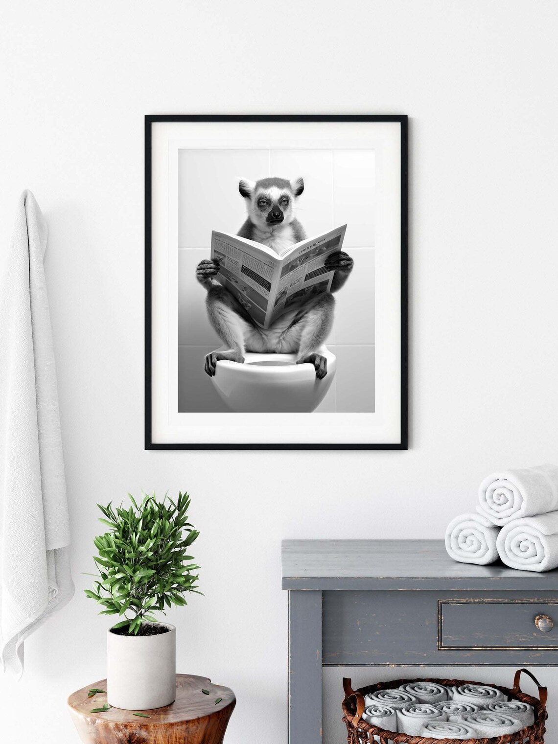 Funny Lemur Reading Newspaper On Toilet Black White Humor Poster - Image 3