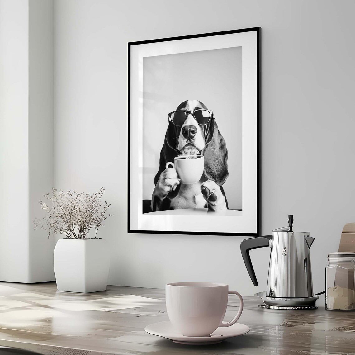 Basset Hound Coffee Print, Black And White Dog Decor - Image 2