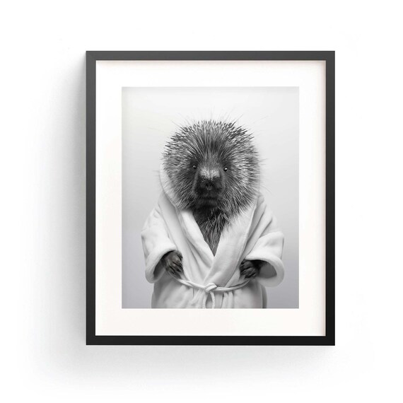 Funny Porcupine Bathrobe Art Print, Kids Bathroom Decor