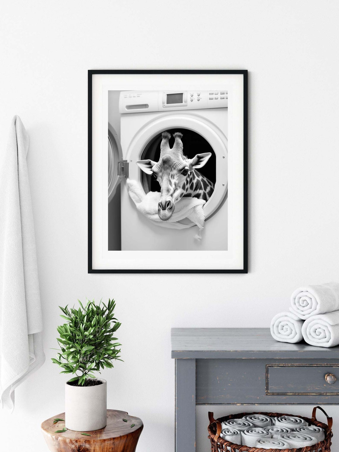 Funny Giraffe Peeking Out Of Washing Machine Black White Poster - Image 3