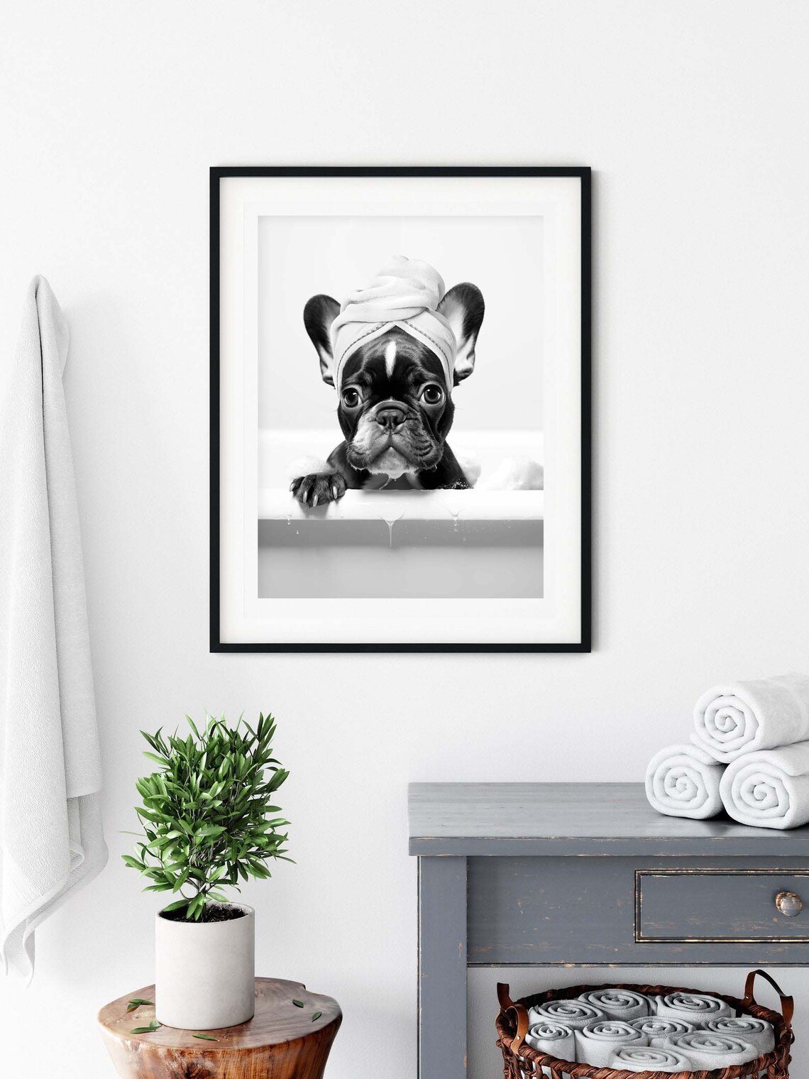 French Bulldog Puppy Bathtub Towel Wrap Black White Cute Poster - Image 3