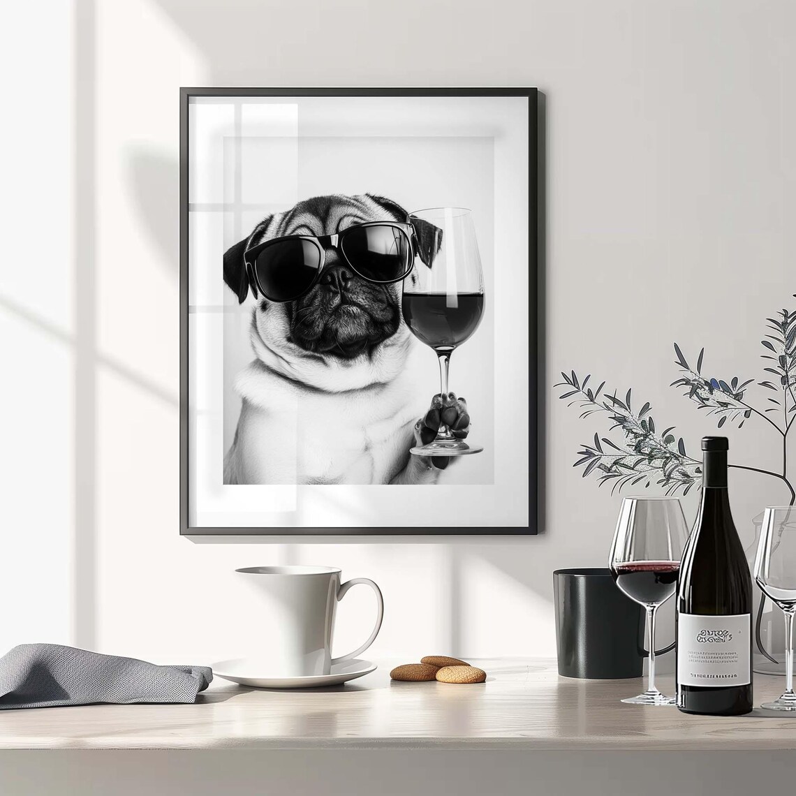 Pug in Sunglasses Holding Wine Glass Funny Black and White Poster - Image 3