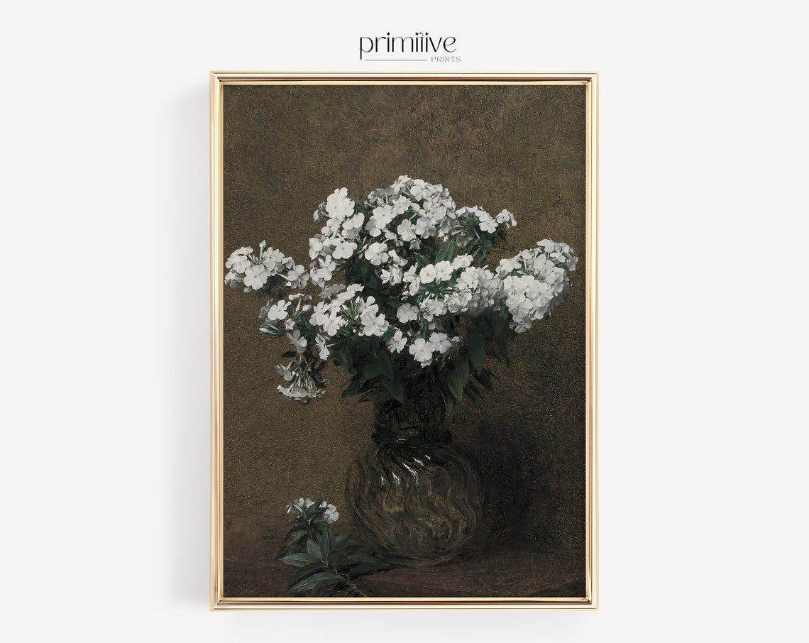 White Wildflowers in Dark Vase Moody Floral Still Life Poster