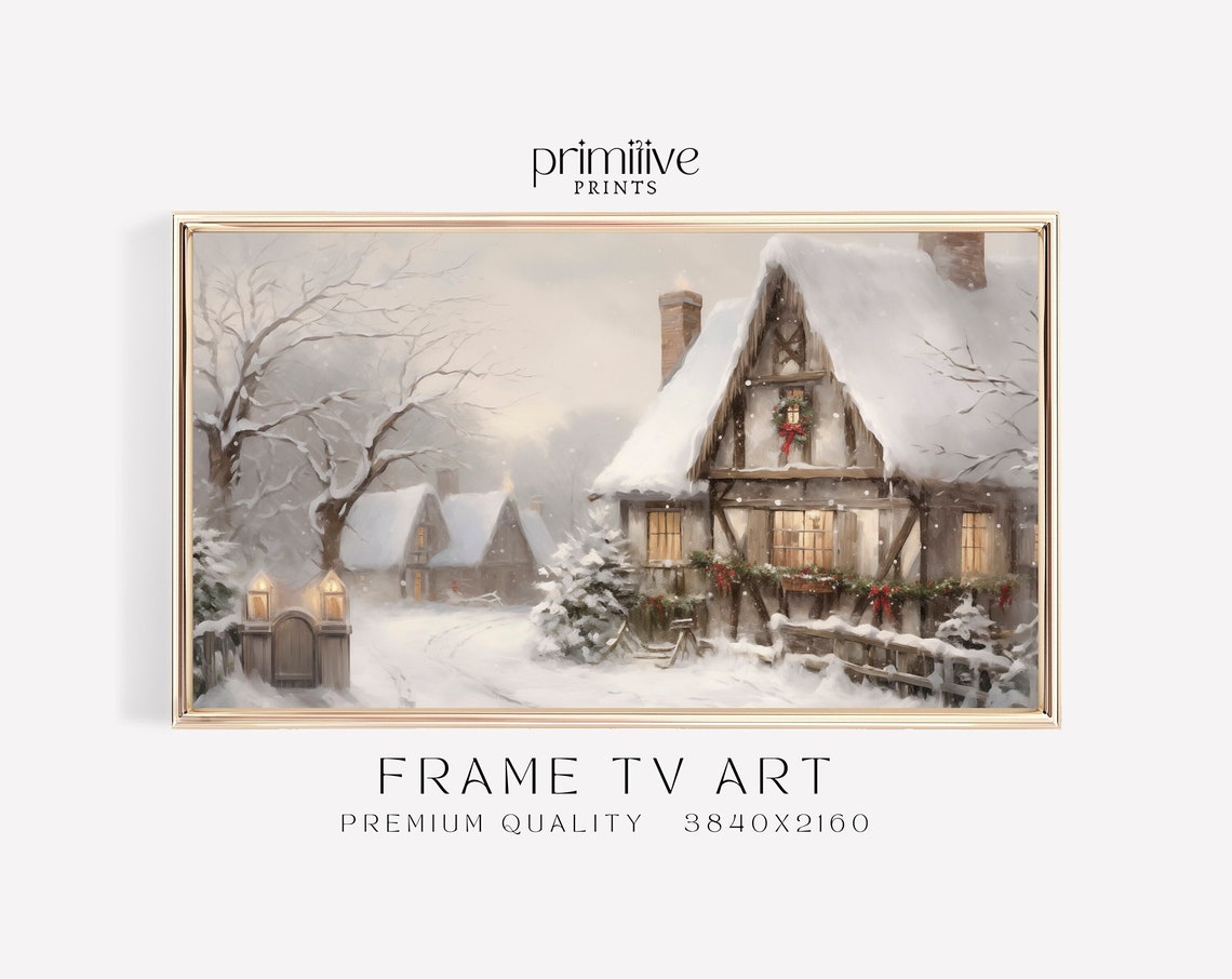 Snowy Winter Village Cottage Frame TV Art Christmas Style Poster